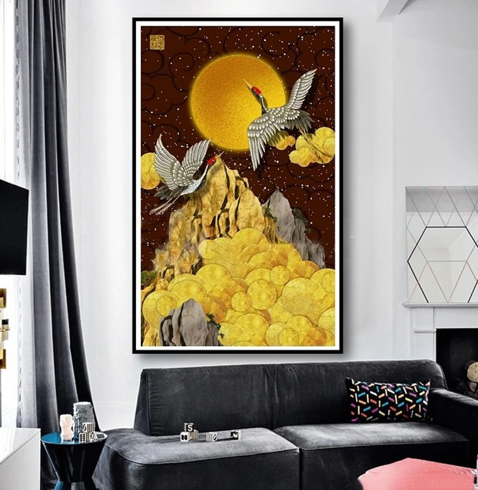 Tranh treo tường hạc trắng trên trời đêm dát vàng