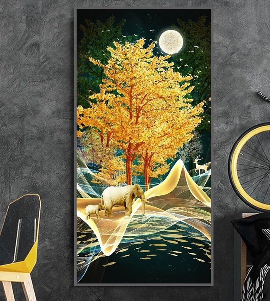 Tranh treo tường voi vàng giữa rừng đêm