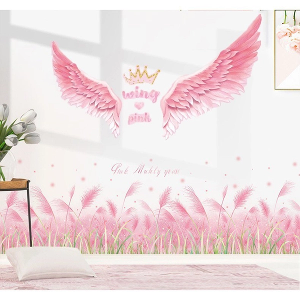 Decal dán chân tường cỏ hồng và đôi cánh hồng