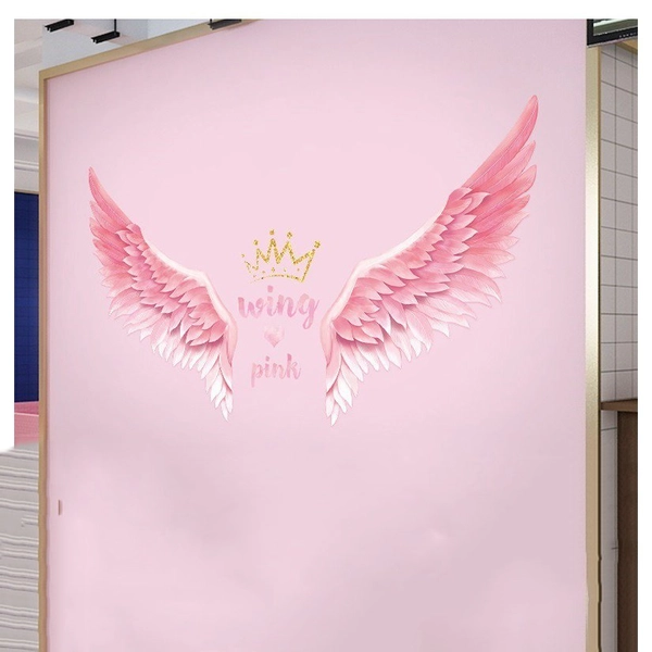 Decal dán chân tường cỏ hồng và đôi cánh hồng