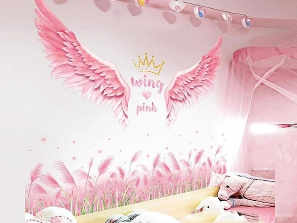 Decal dán chân tường cỏ hồng và đôi cánh hồng