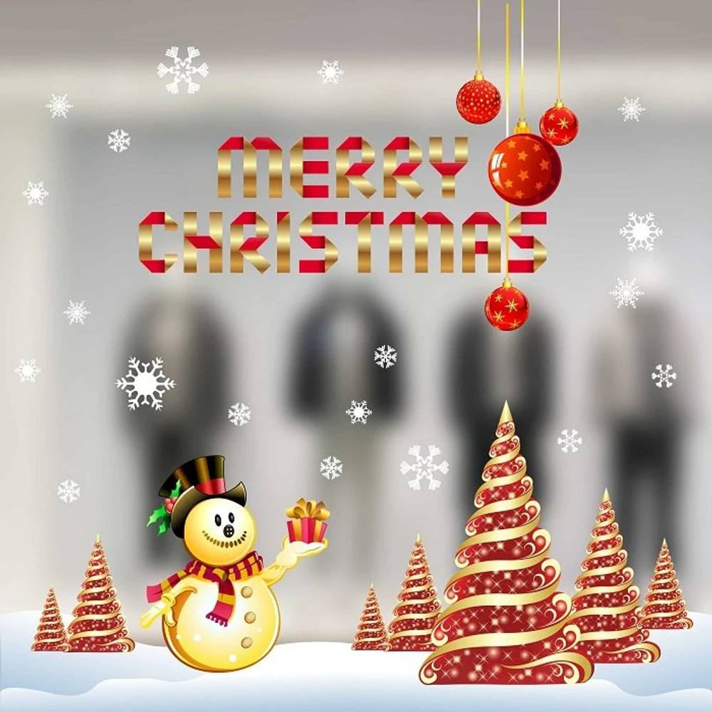 Decal trang trí noel người tuyết vàng và cây thông đỏ vàng