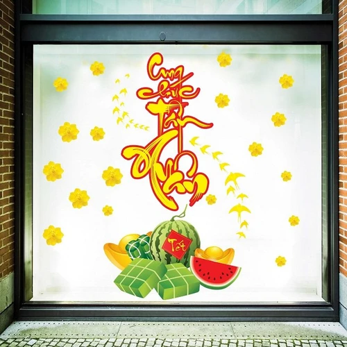 decal trang trí tết mâm ngũ quả cung chúc tân xuân