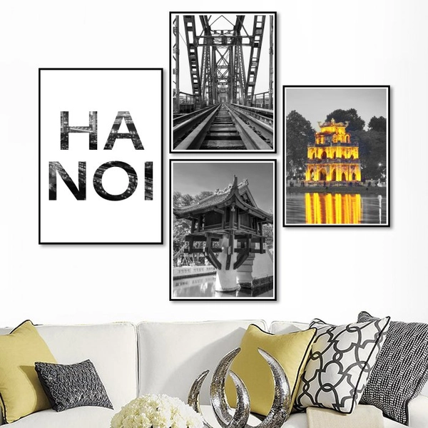 Tranh treo tường phố cổ Hà Nội xưa đen trắng