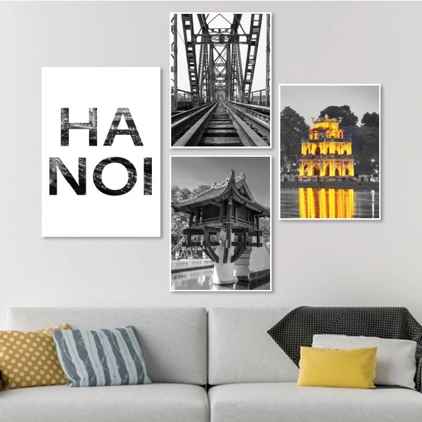 Tranh treo tường phố cổ Hà Nội xưa đen trắng