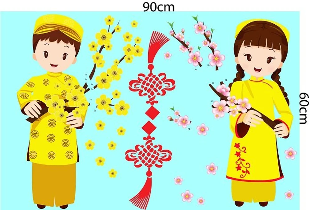 Decal trang tri tết bé cầm hoa chúc tết