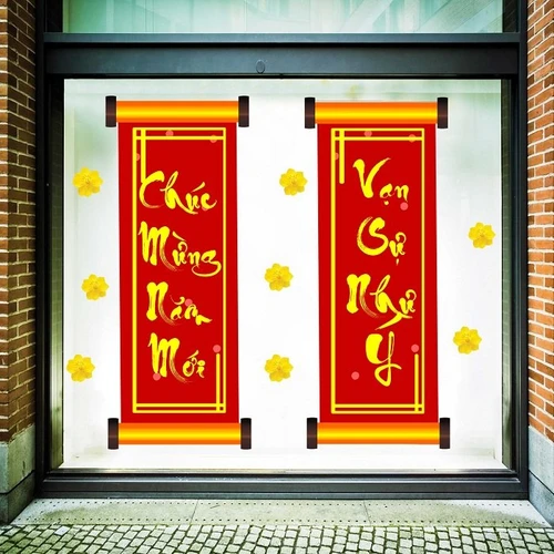 Decal trang trí tết chúc mừng năm mới và vạn sự như ý bên hoa mai vàng