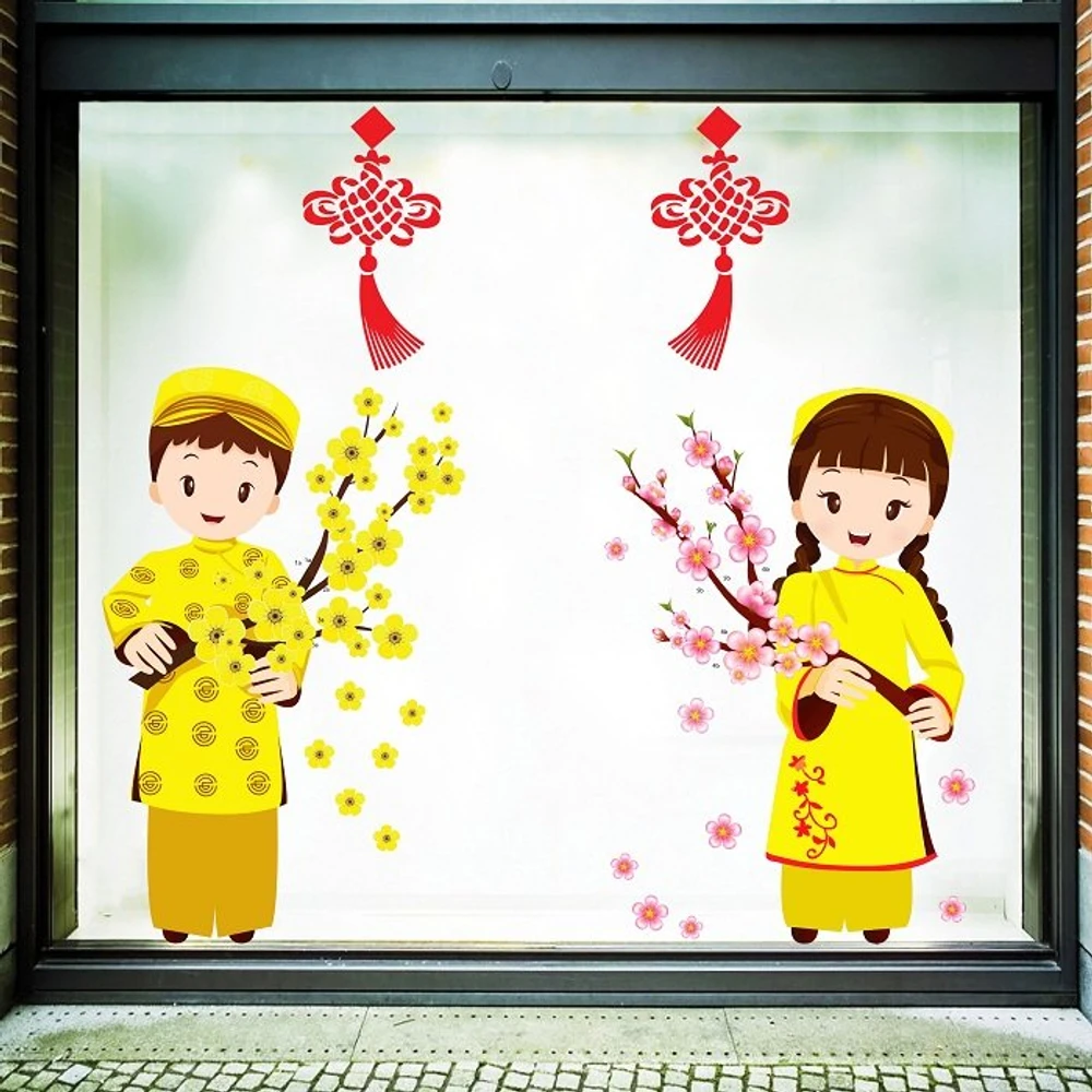 Decal trang tri tết bé cầm hoa chúc tết