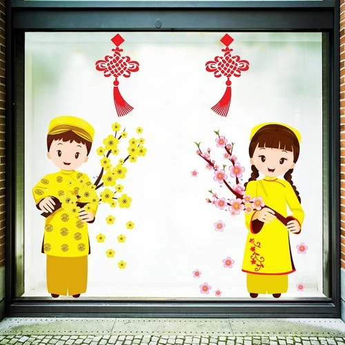 Decal trang tri tết bé cầm hoa chúc tết