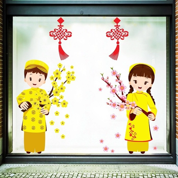 Decal trang trí tết bé cầm hoa chúc tết