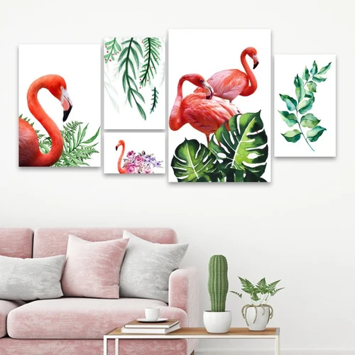 Tranh treo tường hạc hồng và lá xanh