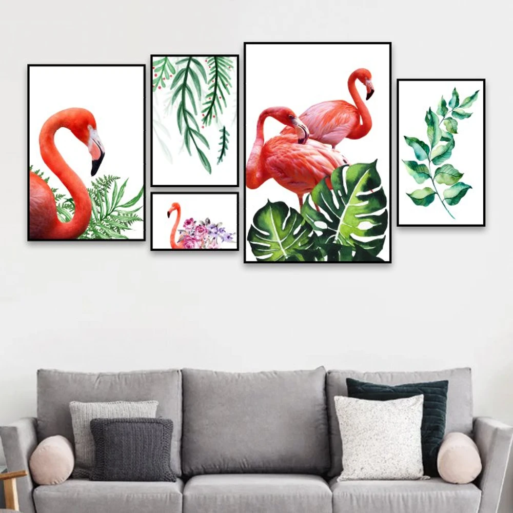 Tranh treo tường hạc hồng và lá xanh