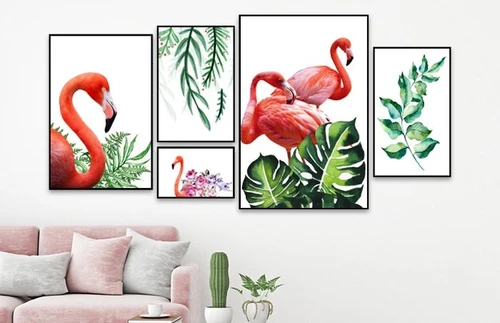 Tranh treo tường hạc hồng và lá xanh