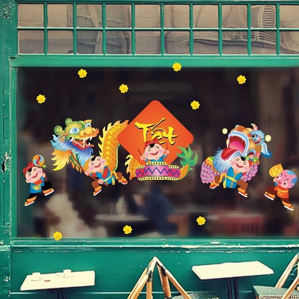 Decal trang trí tết bé múa lân ngày tết