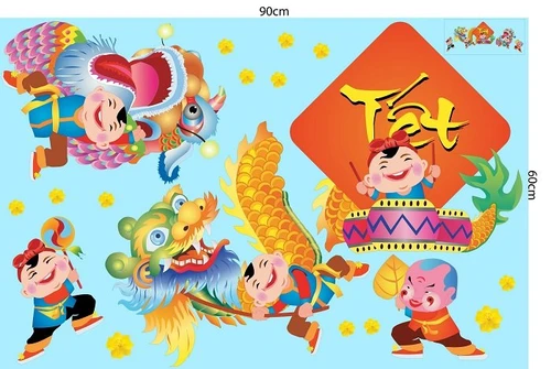 Decal trang trí tết bé múa lân ngày tết