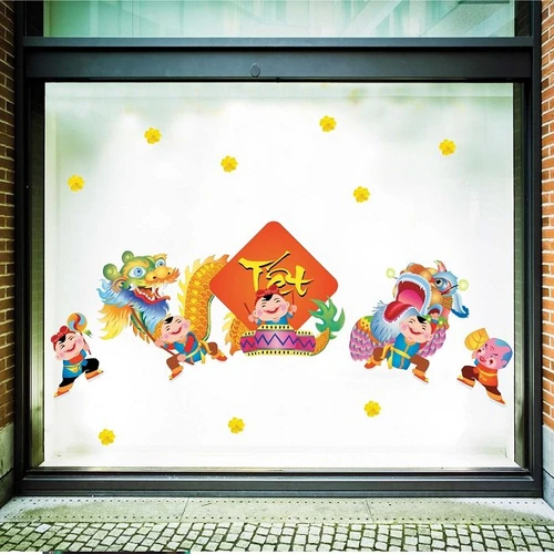 Decal trang trí tết bé múa lân ngày tết