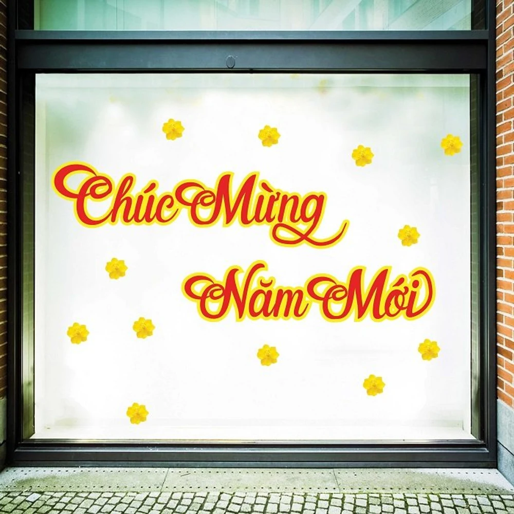 decal trang trí tết chúc mừng năm mới với hoa mai vàng