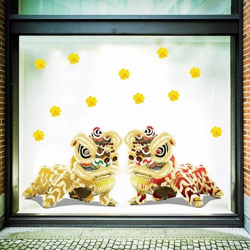 Decal trang trí tết lân vàng đón xuân