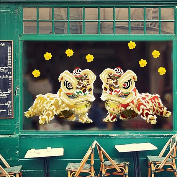 Decal trang trí tết lân vàng đón xuân