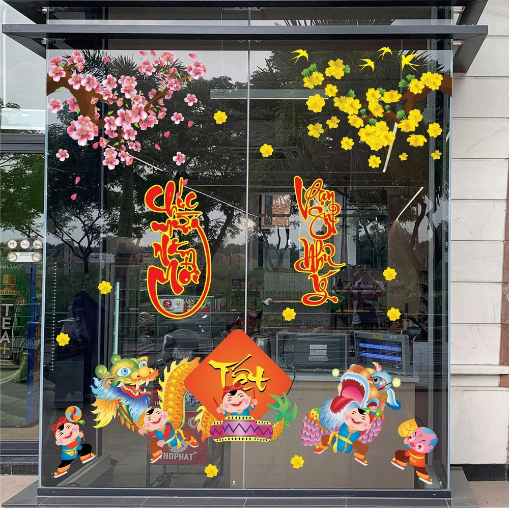 combo decal trang trí tết bé múa lân đón xuân