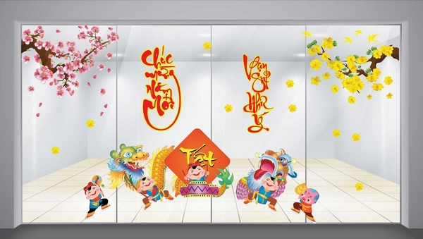 combo decal trang trí tết bé múa lân đón xuân