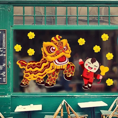 Decal trang trí tết bé múa lân