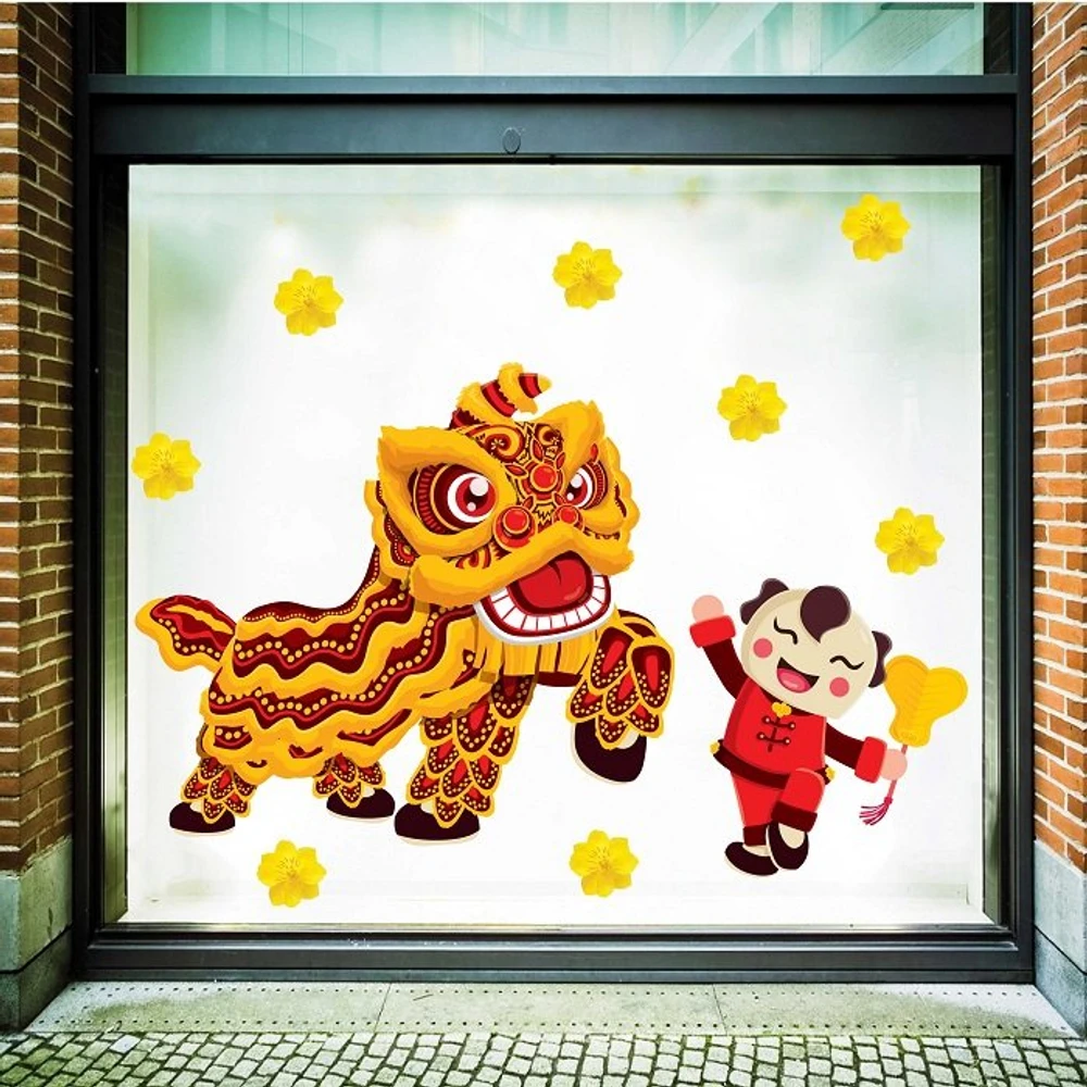 Decal trang trí tết bé múa lân