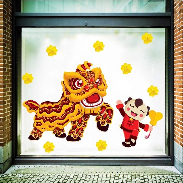 Decal trang trí tết bé múa lân