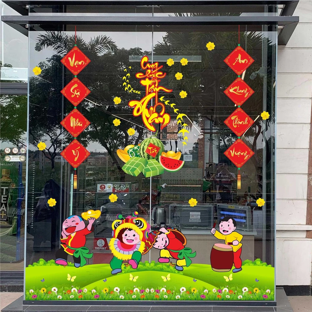 Decal trang trí tết bé múa lân cung chúc tân xuân