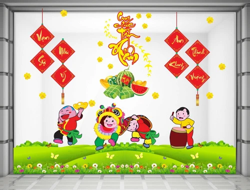 Decal trang trí tết bé múa lân cung chúc tân xuân