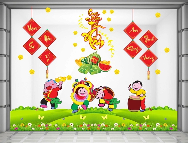Combo Decal trang trí tết bé múa lân cung chúc tân xuân