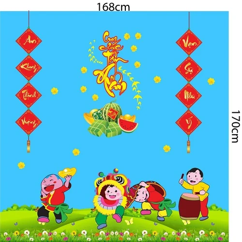 Decal trang trí tết bé múa lân cung chúc tân xuân