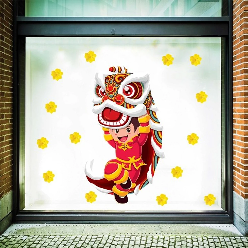 decal trang trí tết múa lân chúc tết