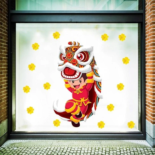 decal trang trí tết múa lân chúc tết