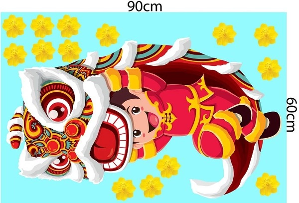 Decal trang trí tết múa lân chúc tết