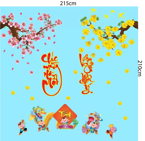 combo decal trang trí tết bé múa lân đón xuân