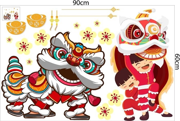 Decal trang trí tết múa lân vui vẻ