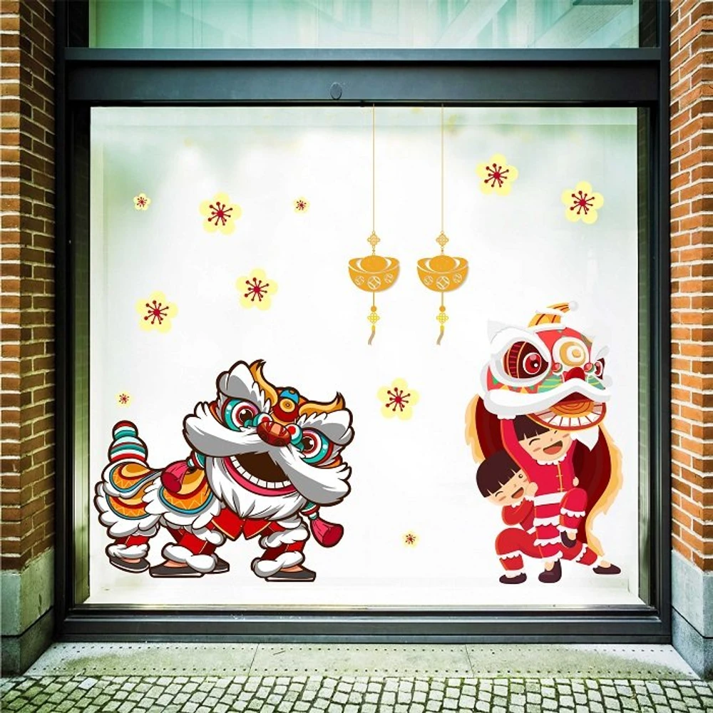 Decal trang trí tết múa lân vui vẻ
