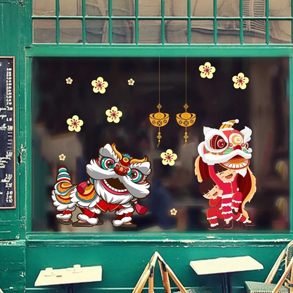 Decal trang trí tết múa lân vui vẻ