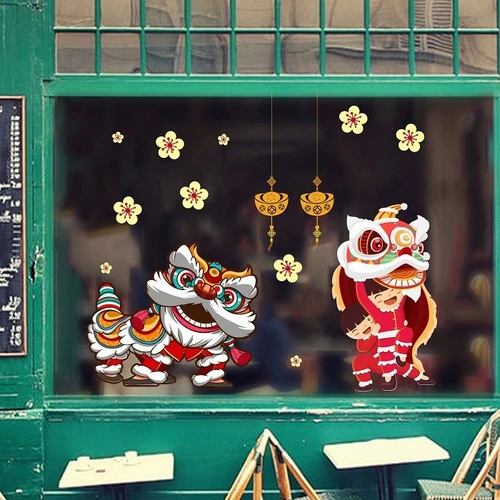 Decal trang trí tết múa lân vui vẻ