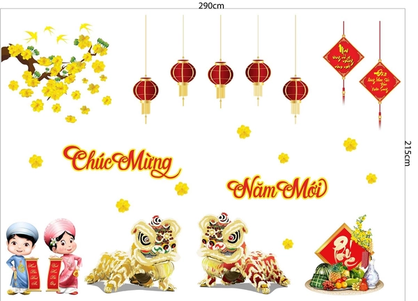 Combo decal trang trí tết lân vàng đón xuân