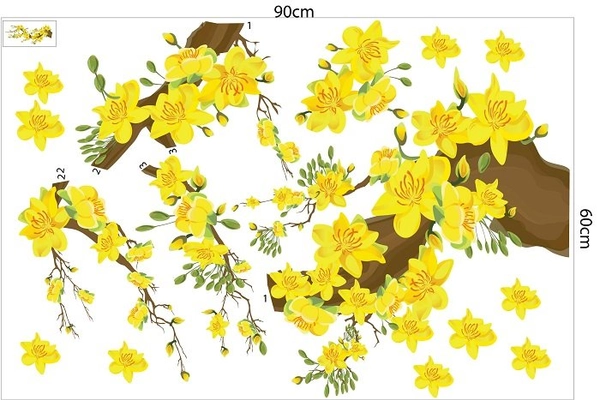 Decal trang trí tết mai vàng nở rộ đón xuân sang