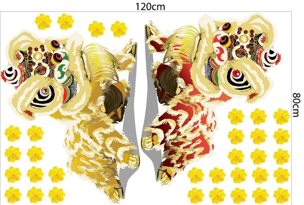 Decal trang trí tết lân vàng đón xuân