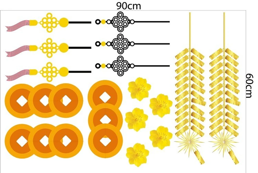 Decal trang trí tết pháo tết và tiền vàng