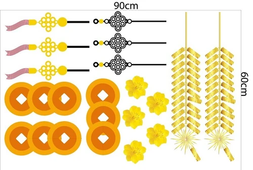 Decal trang trí tết pháo tết và tiền vàng
