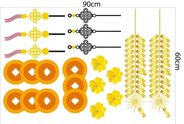 Decal trang trí tết pháo tết và tiền vàng