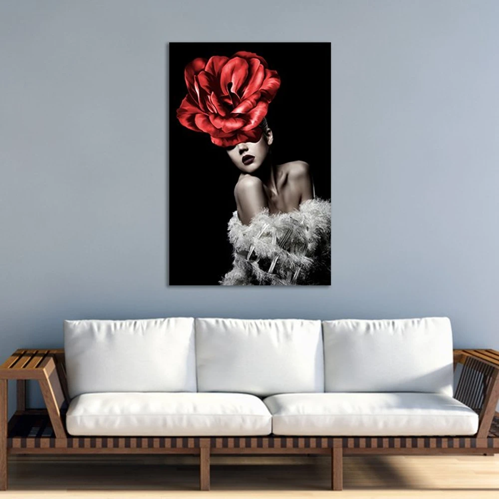 Tranh treo tường hoa đỏ và thiếu nữ