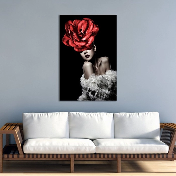 Tranh treo tường nghệ thuật hoa đỏ và thiếu nữ