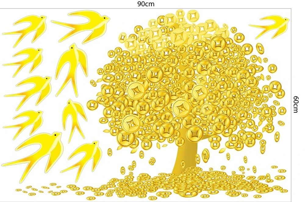 Decal trang trí tết cây đồng tiền và én vàng