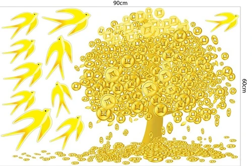 Decal trang trí tết cây đồng tiền và én vàng
